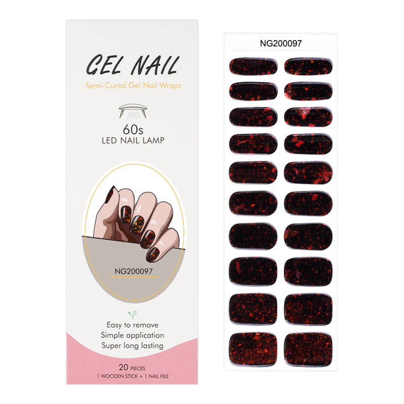 Deep Red Glitter Semi Cured Gel Nail Strips - NG200097