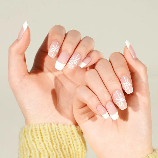 French Manicure with Bow Accents Semi Cured Gel Nail Strips - NG200424